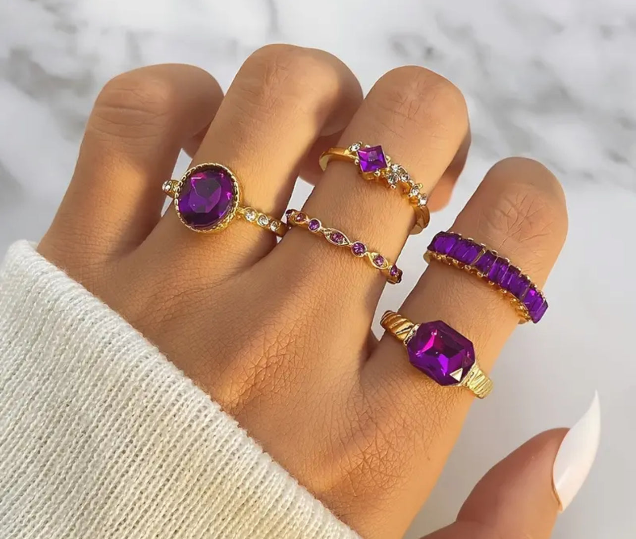 5 pc Amethyst ring set